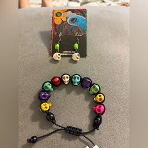 Multicolored Skull Adjustible Bracelet And Dangle Earrings NEW